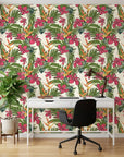 Crimson Breeze red leaf wallpaper as a feature wall in a bright home office