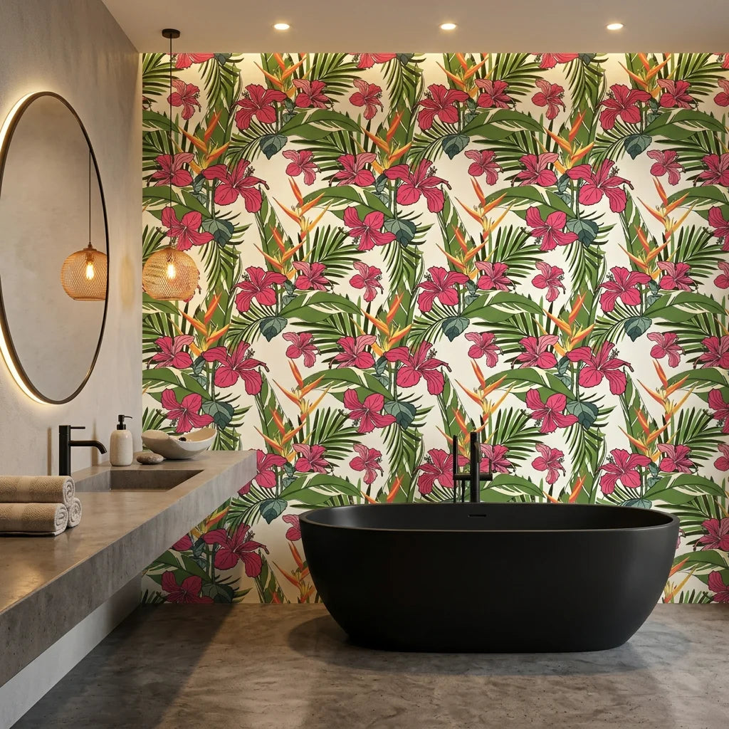Crimson Breeze red leaf wallpaper creating ambiance in a serene bathroom