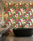 Crimson Breeze red leaf wallpaper creating ambiance in a serene bathroom