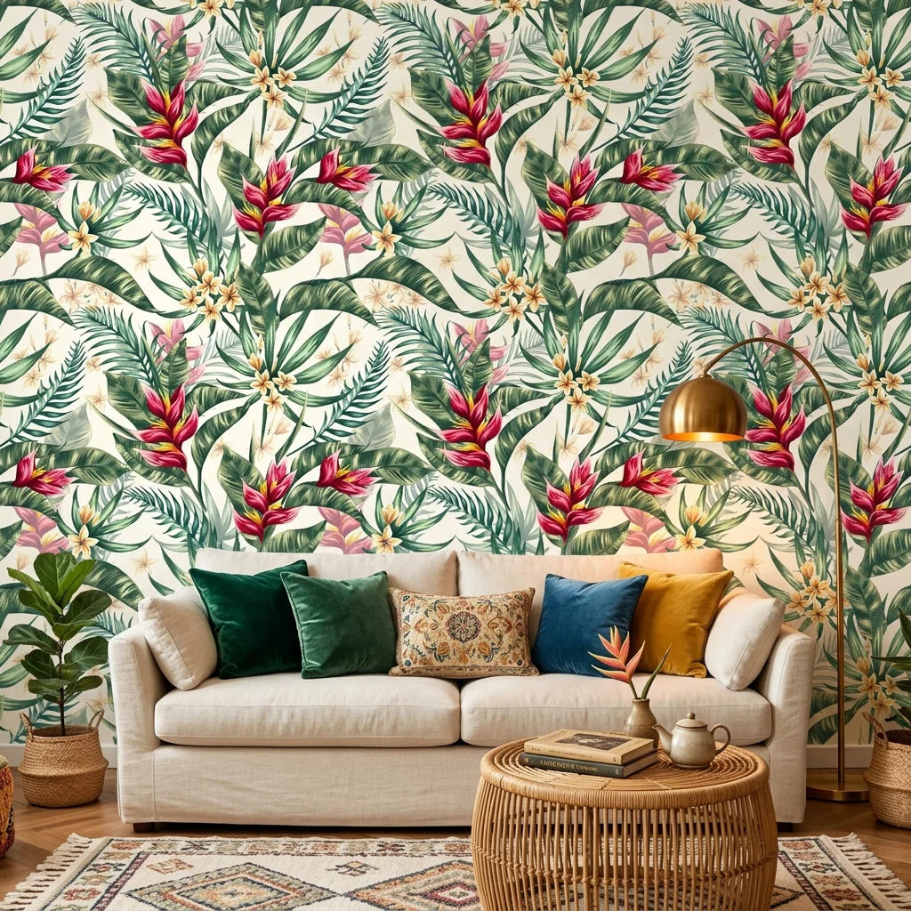 Crimson Canopy red tree wallpaper in a warm and inviting living room