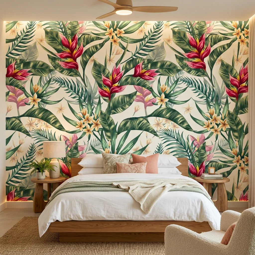 Crimson Canopy red tree wallpaper adding character to a cozy bedroom