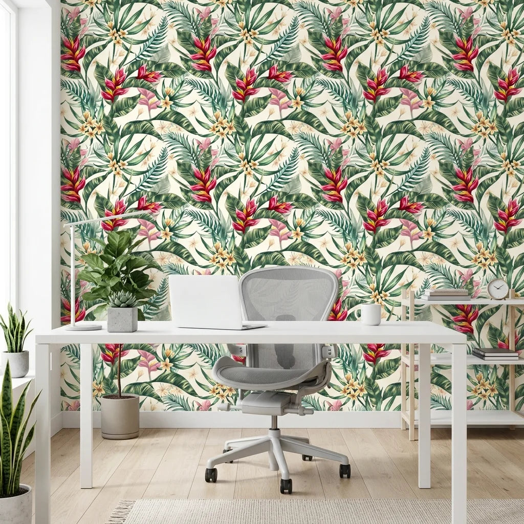 Crimson Canopy red tree wallpaper as a feature wall in a bright home office