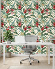 Crimson Canopy red tree wallpaper as a feature wall in a bright home office