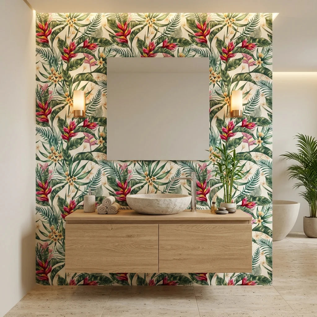 Crimson Canopy red tree wallpaper creating ambiance in a serene bathroom