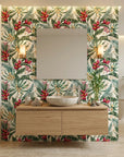 Crimson Canopy red tree wallpaper creating ambiance in a serene bathroom