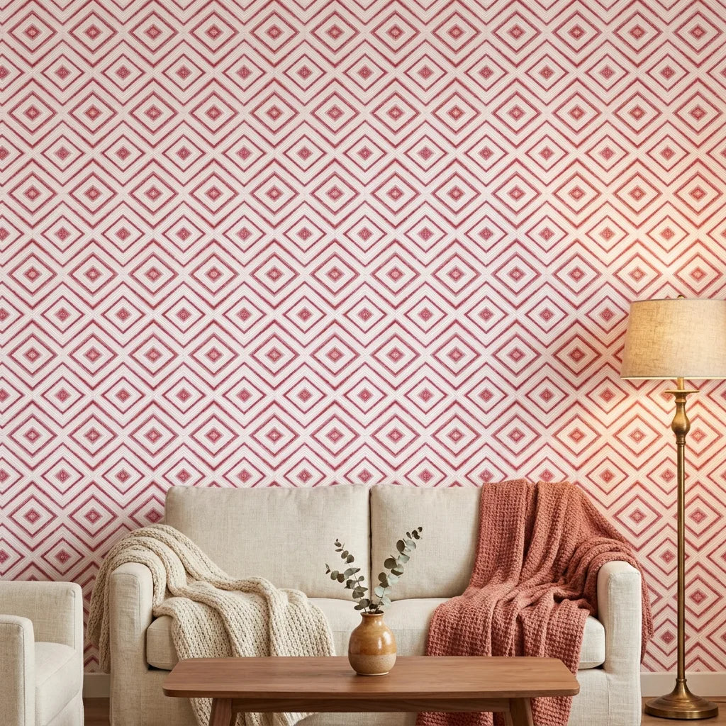 Textured white and red geometric peel and stick wallpaper - Crimson Echo