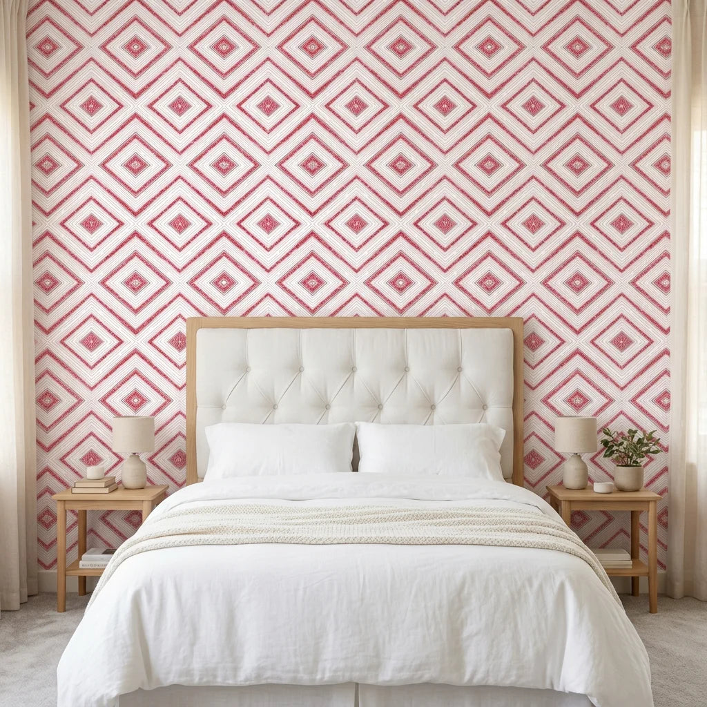 Crimson Echo elegant red geometric wallpaper in a warm and inviting living room