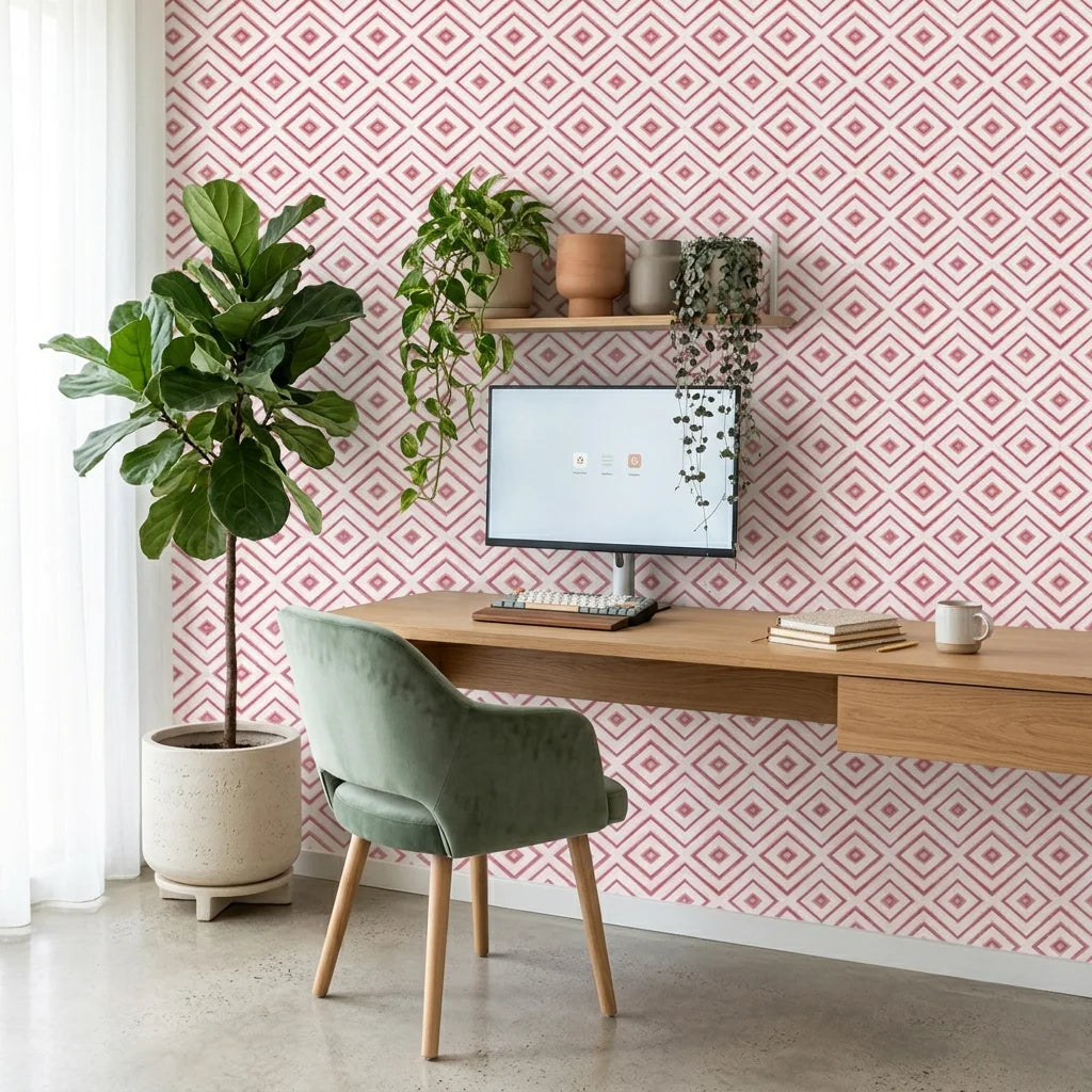 Crimson Echo elegant red geometric wallpaper adding character to a cozy bedroom