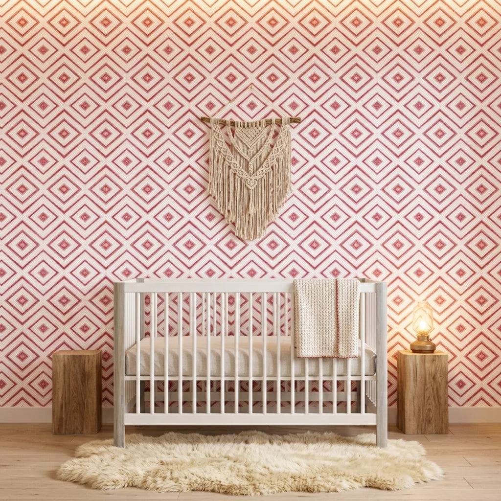 Crimson Echo elegant red geometric wallpaper as a feature wall in a bright home office