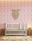 Crimson Echo elegant red geometric wallpaper as a feature wall in a bright home office
