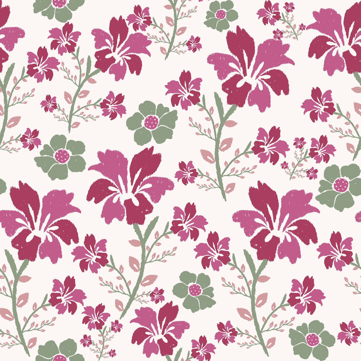 Crimson Grove magenta and green textured ikat floral wallpaper