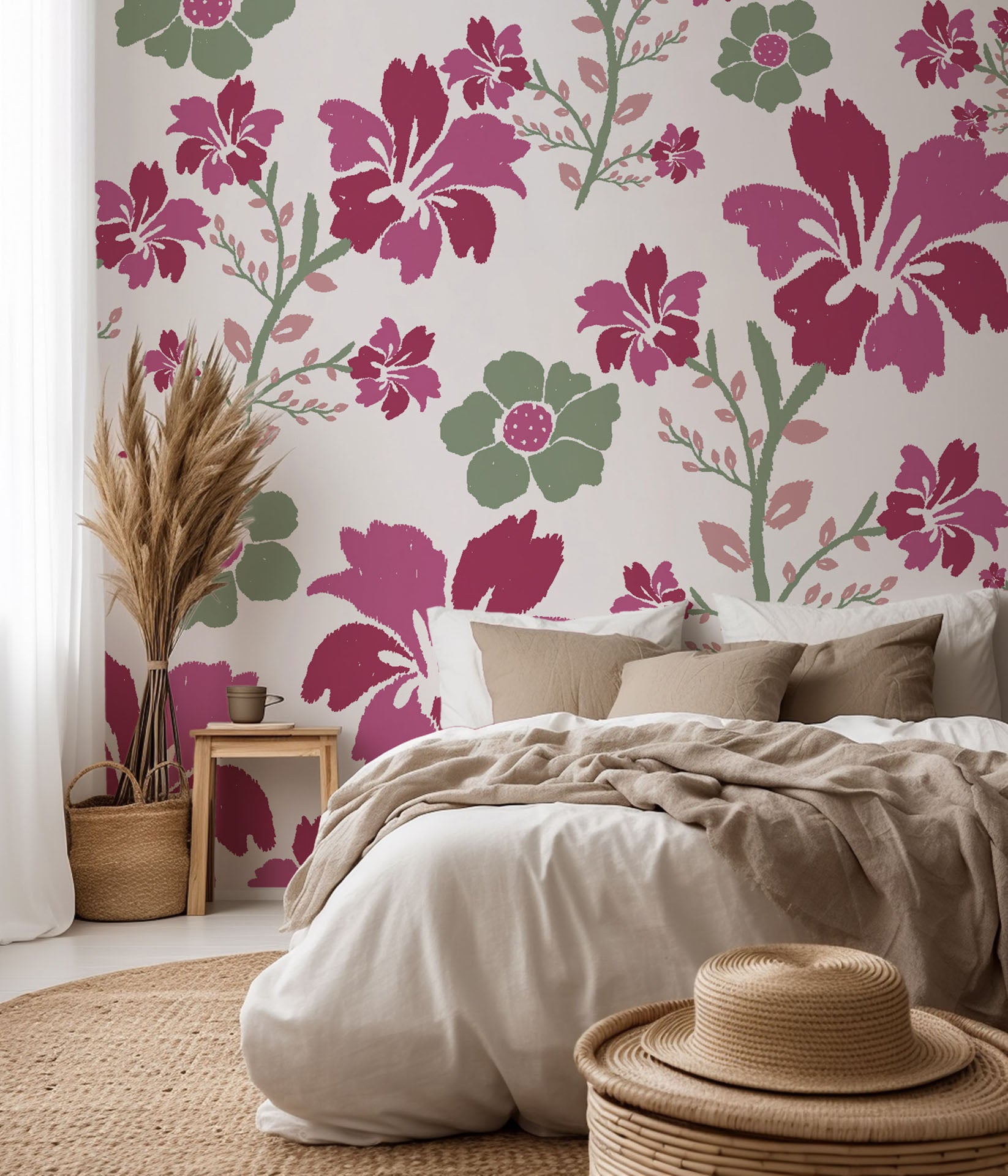 A wallpaper featuring a textured brush finish, painted with a floral design in magenta and green colors. - Crimson Grove