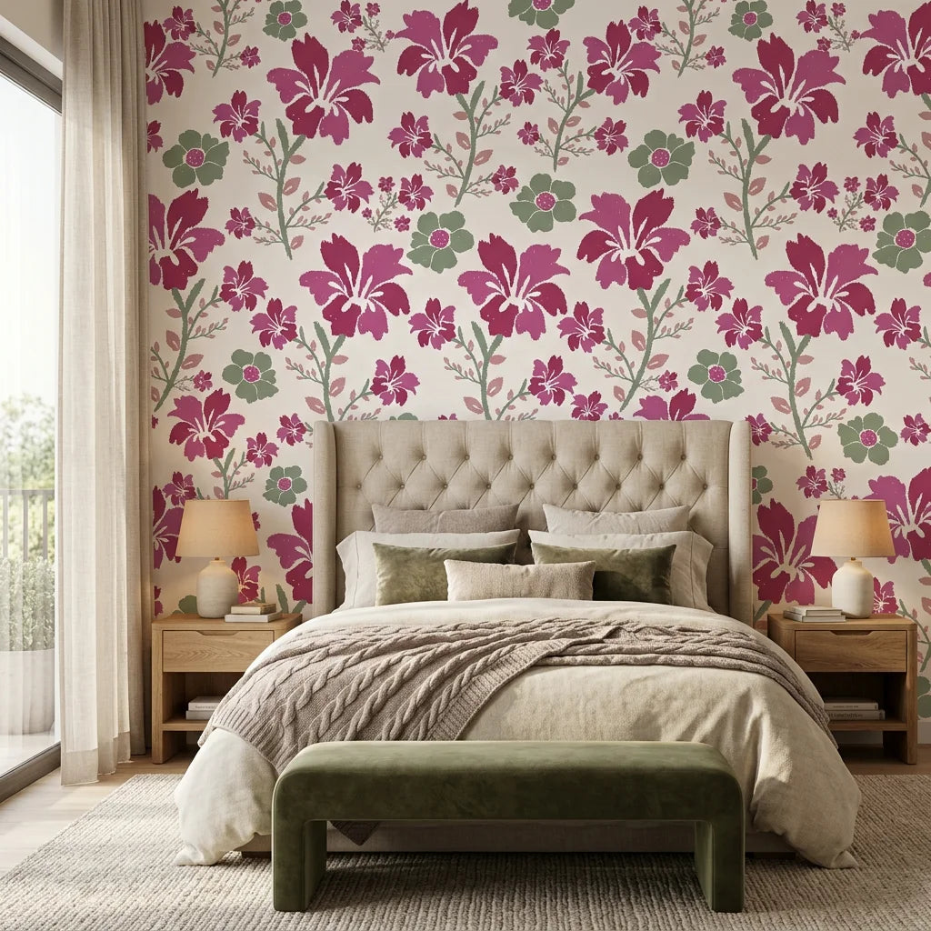 Crimson Grove magenta and green textured ikat floral wallpaper in a warm and inviting living room
