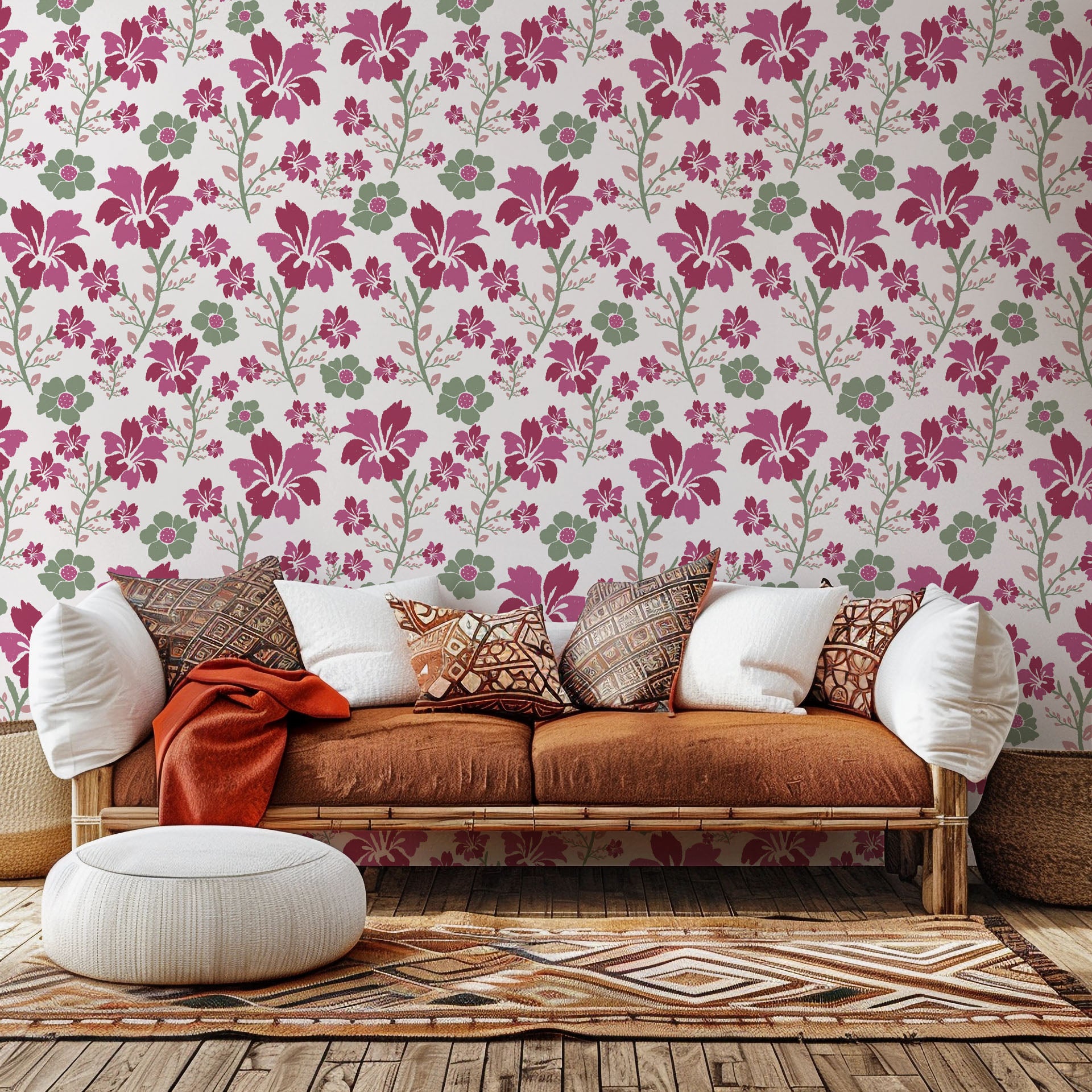 Textured brush finish wall covering featuring magenta and green blooms (Crimson Grove design)