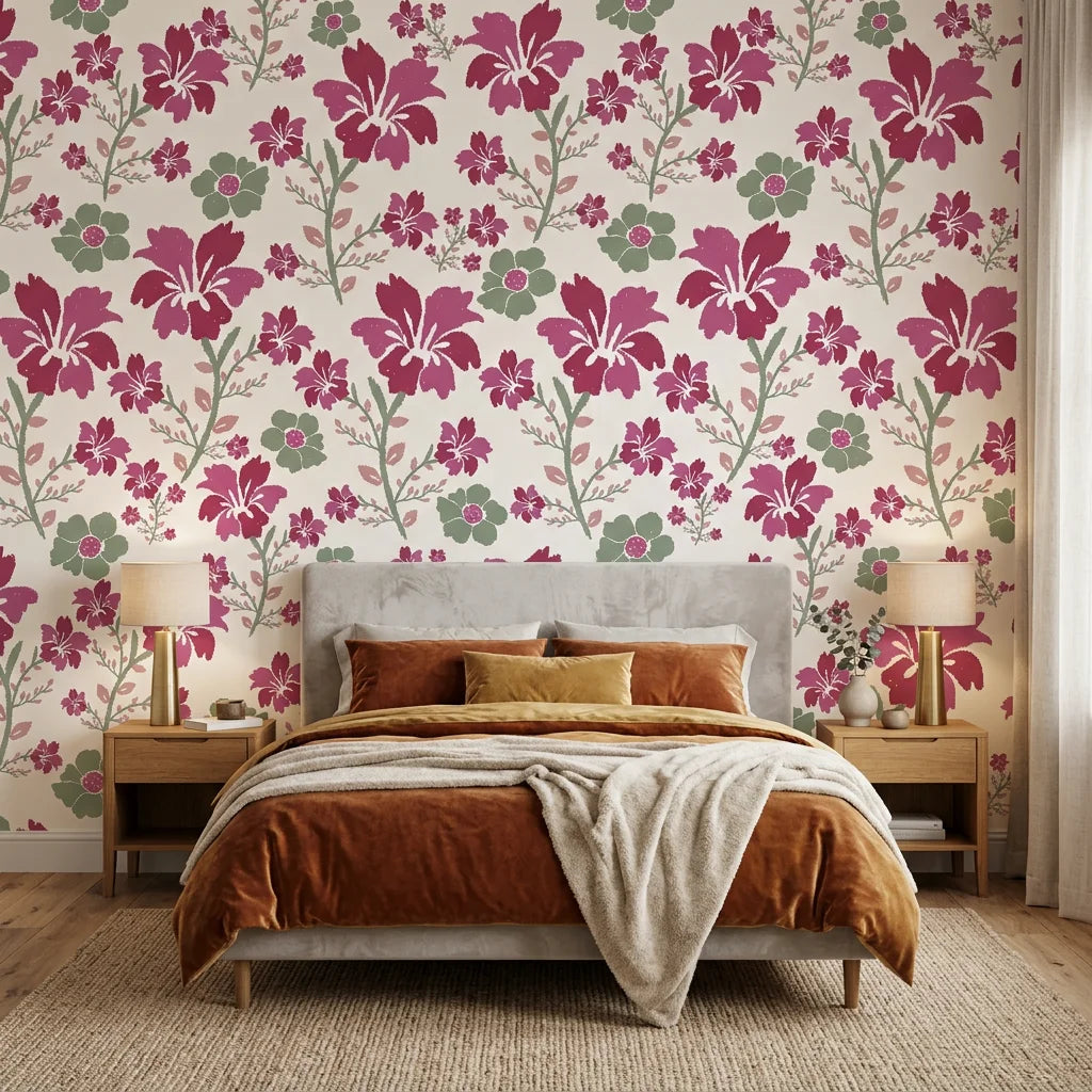 Crimson Grove magenta and green textured ikat floral wallpaper adding character to a cozy bedroom