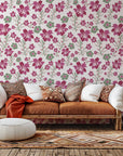Textured brush finish wall covering featuring magenta and green blooms (Crimson Grove design)