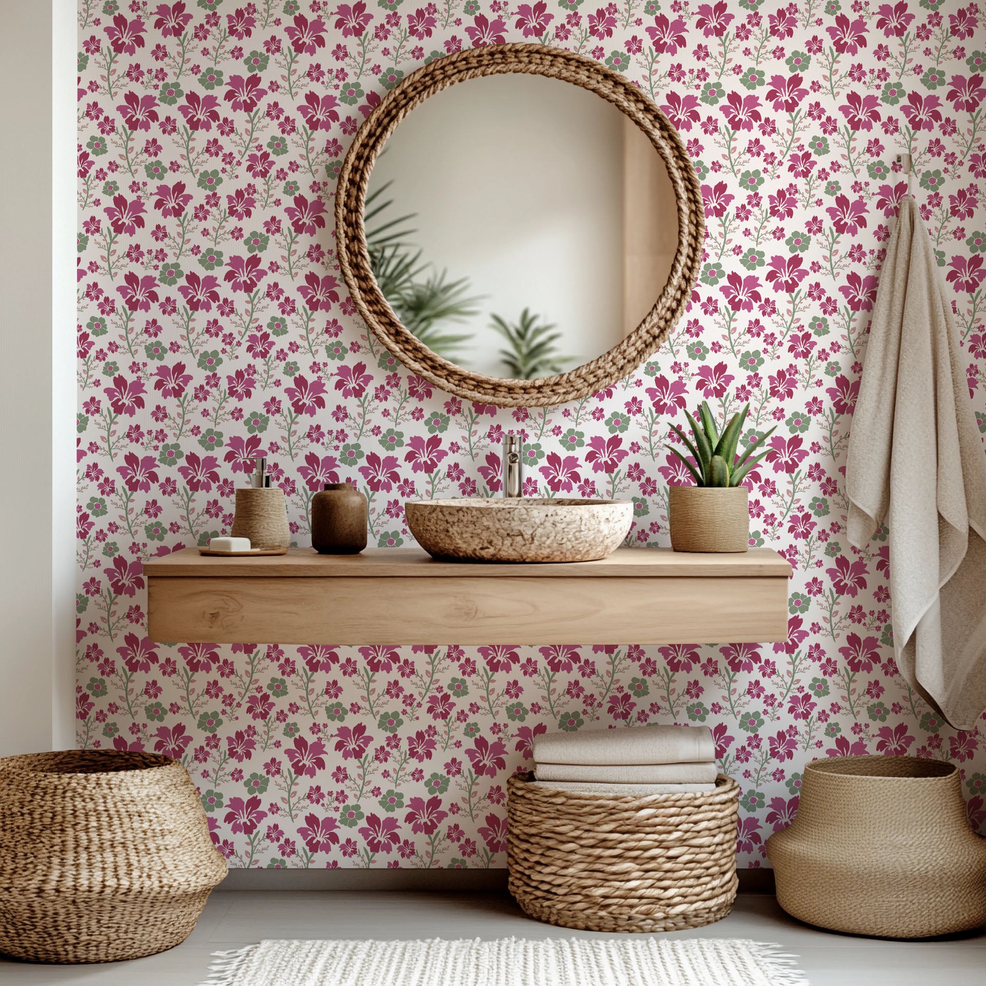 A green and magenta botanical design on wall covering, featuring a distinctive textured brush finish - Crimson Grove