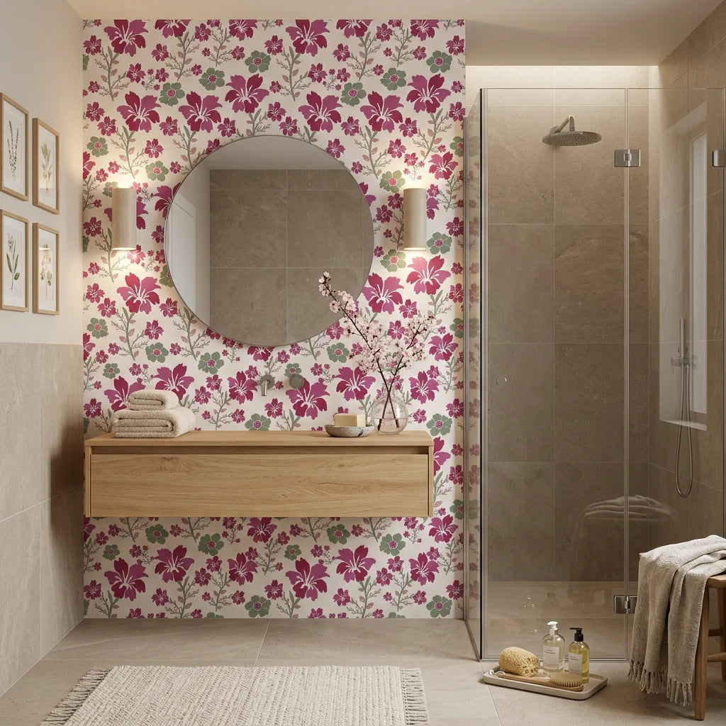 Crimson Grove magenta and green textured ikat floral wallpaper creating ambiance in a serene bathroom