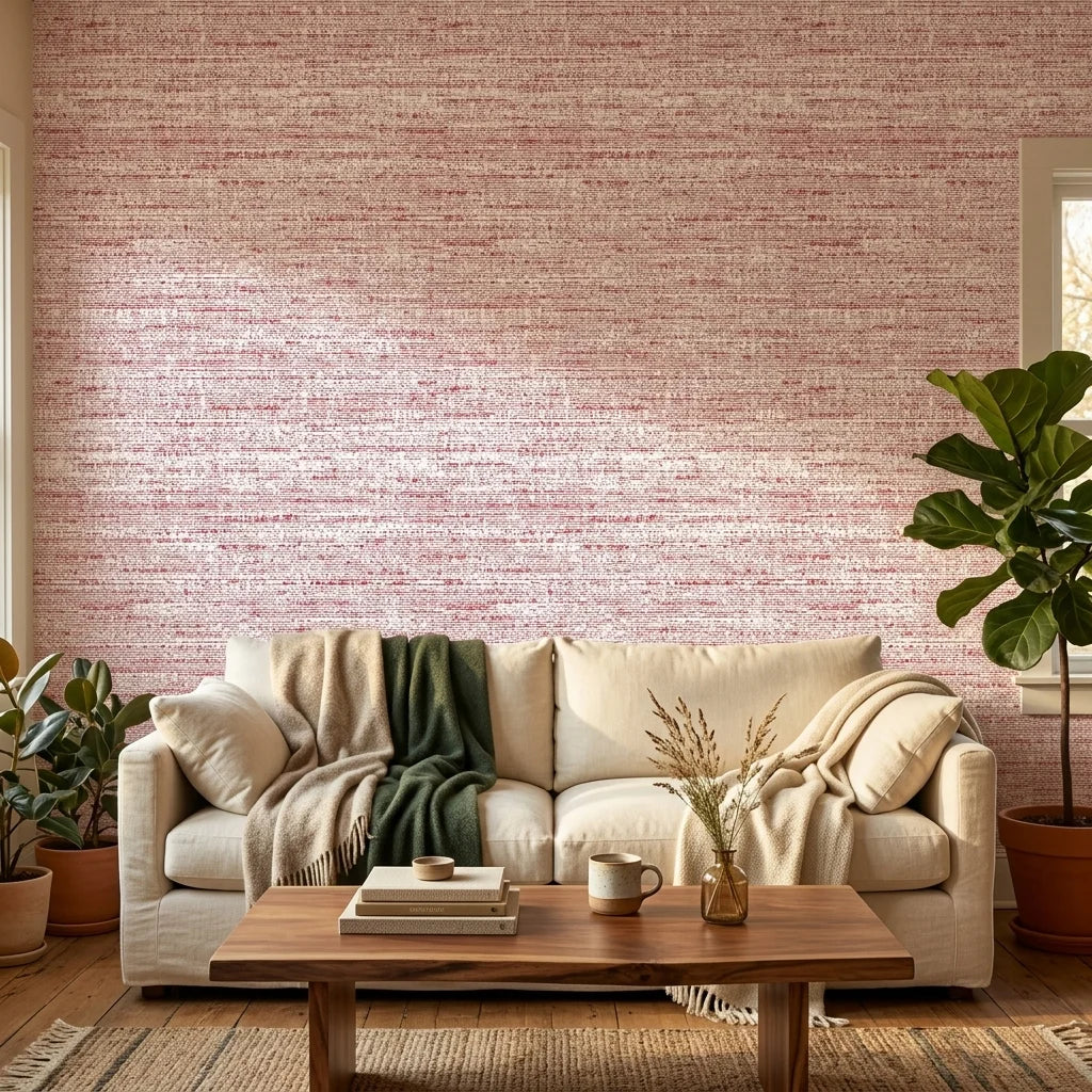 Crimson Horizon textured red abstract wallpaper in a warm and inviting living room