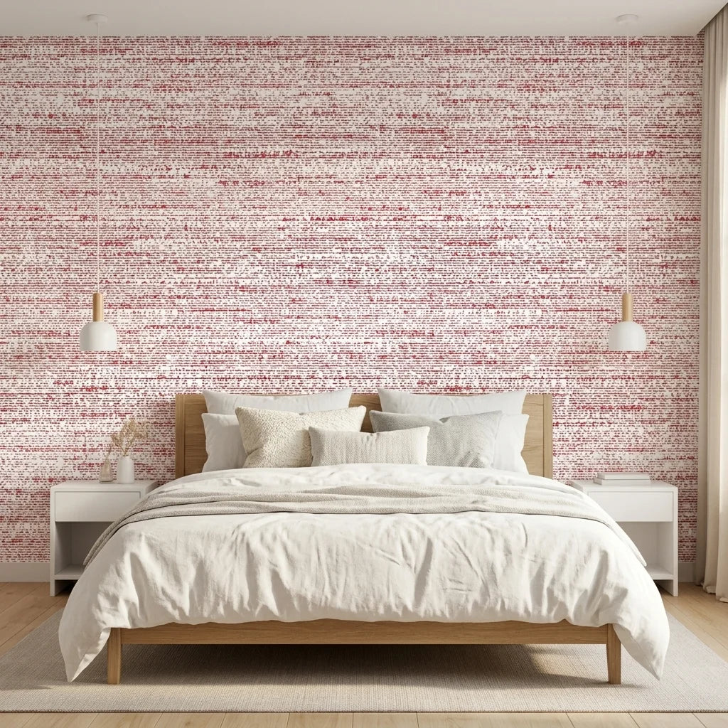 Crimson Horizon textured red abstract wallpaper adding character to a cozy bedroom