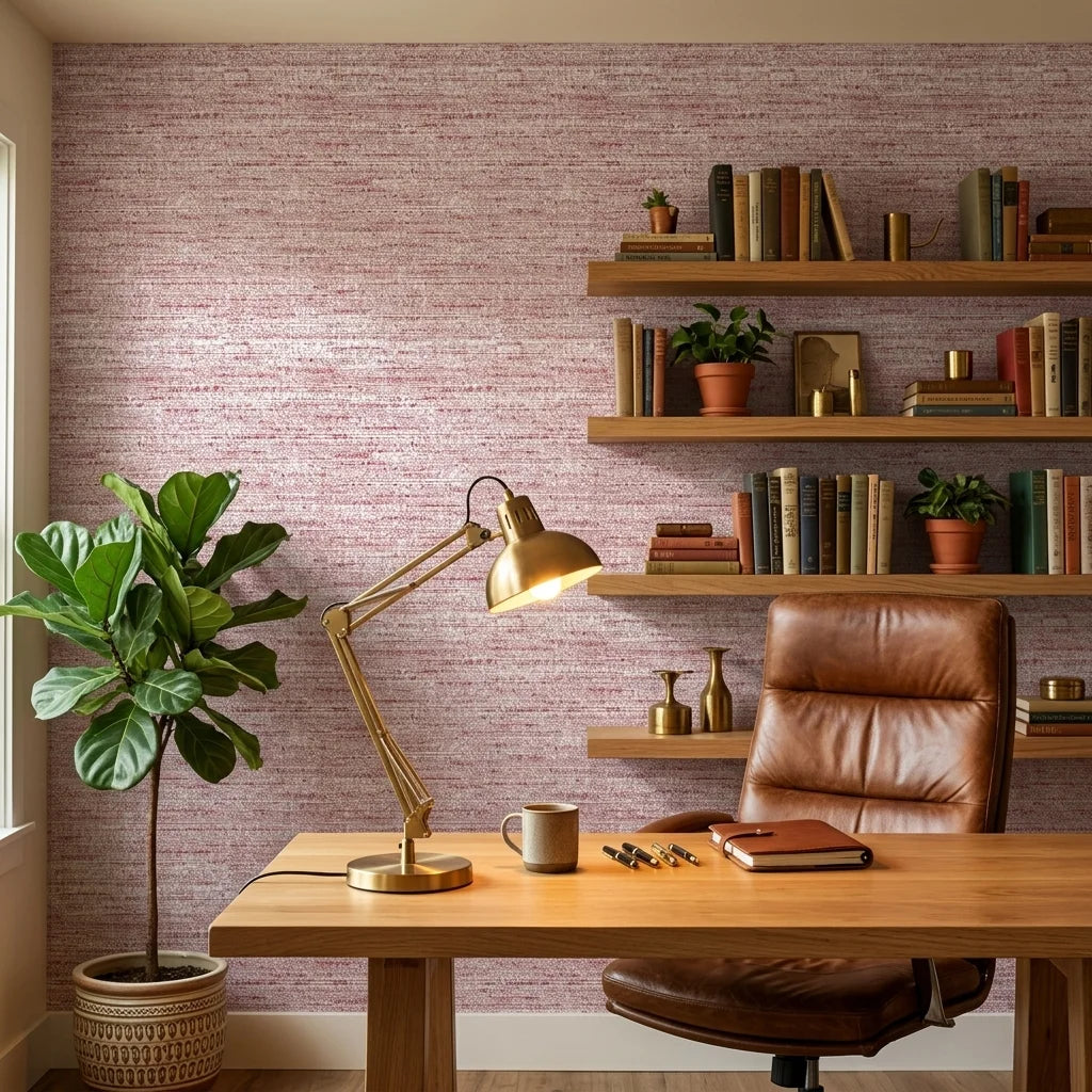 Crimson Horizon textured red abstract wallpaper as a feature wall in a bright home office