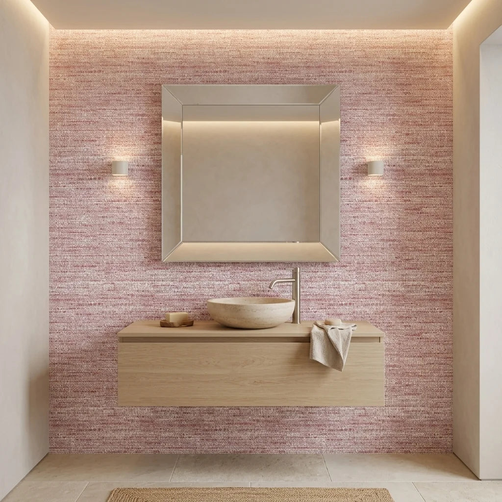 Crimson Horizon textured red abstract wallpaper creating ambiance in a serene bathroom