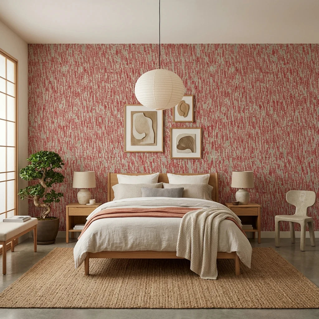 Crimson Relic textured red geometric wallpaper in a warm and inviting living room