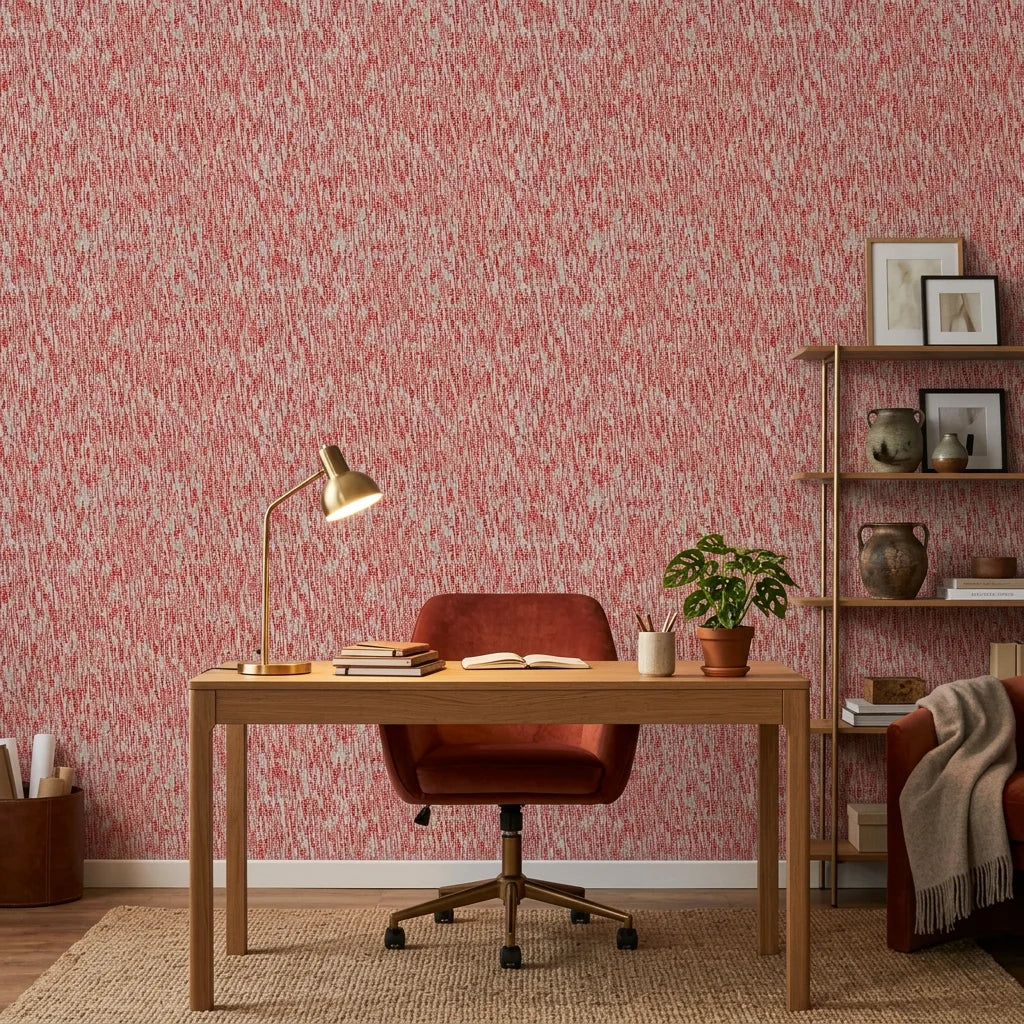 Crimson Relic textured red geometric wallpaper adding character to a cozy bedroom