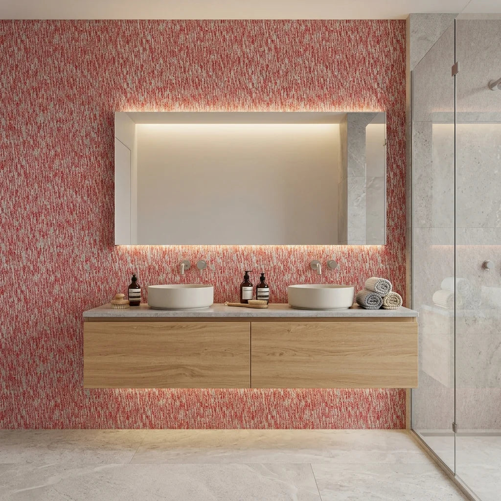Crimson Relic textured red geometric wallpaper as a feature wall in a bright home office