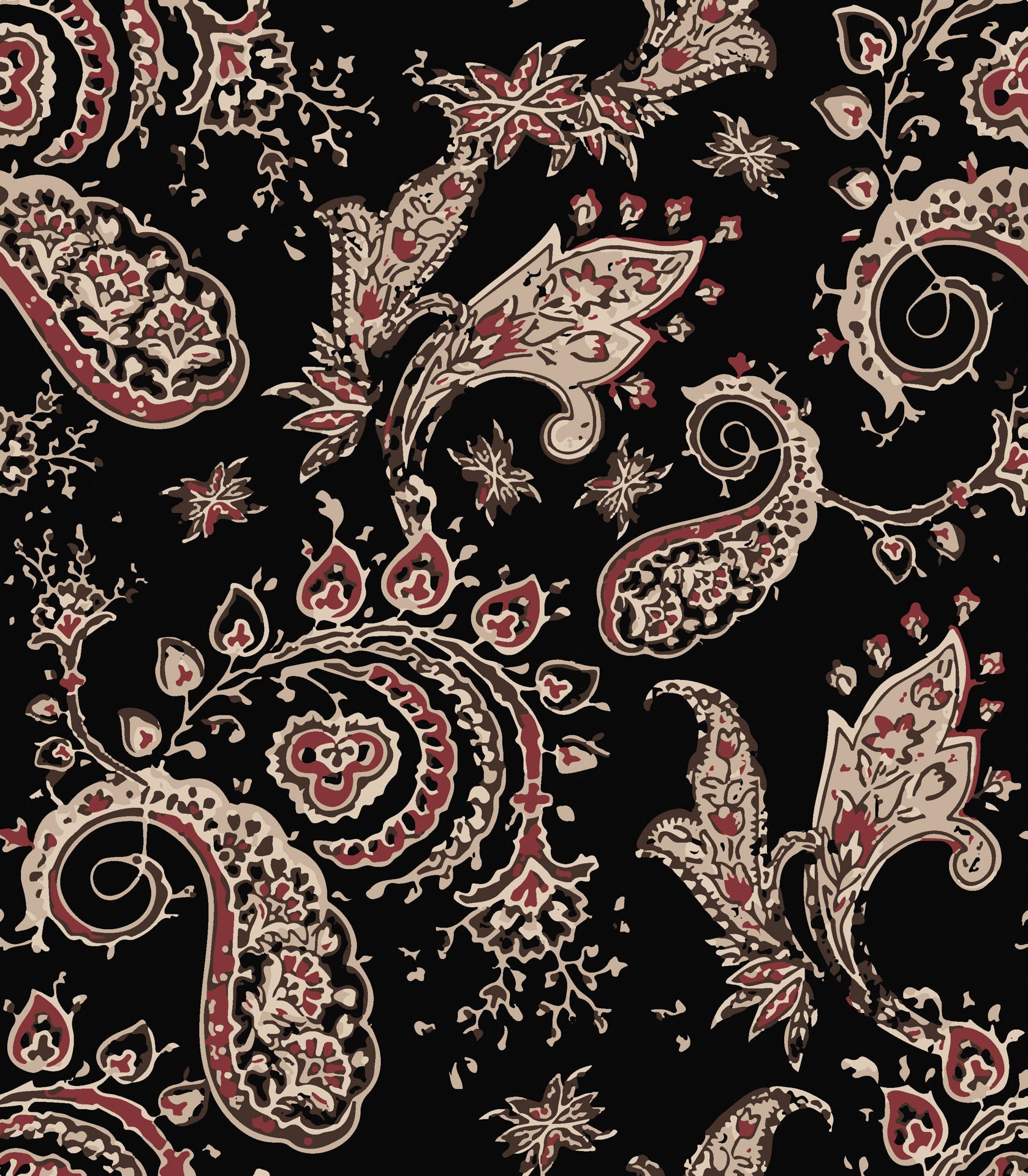 Red and brown patterned elements on deep-toned classic paisley wallpaper, titled Crimson Twilight