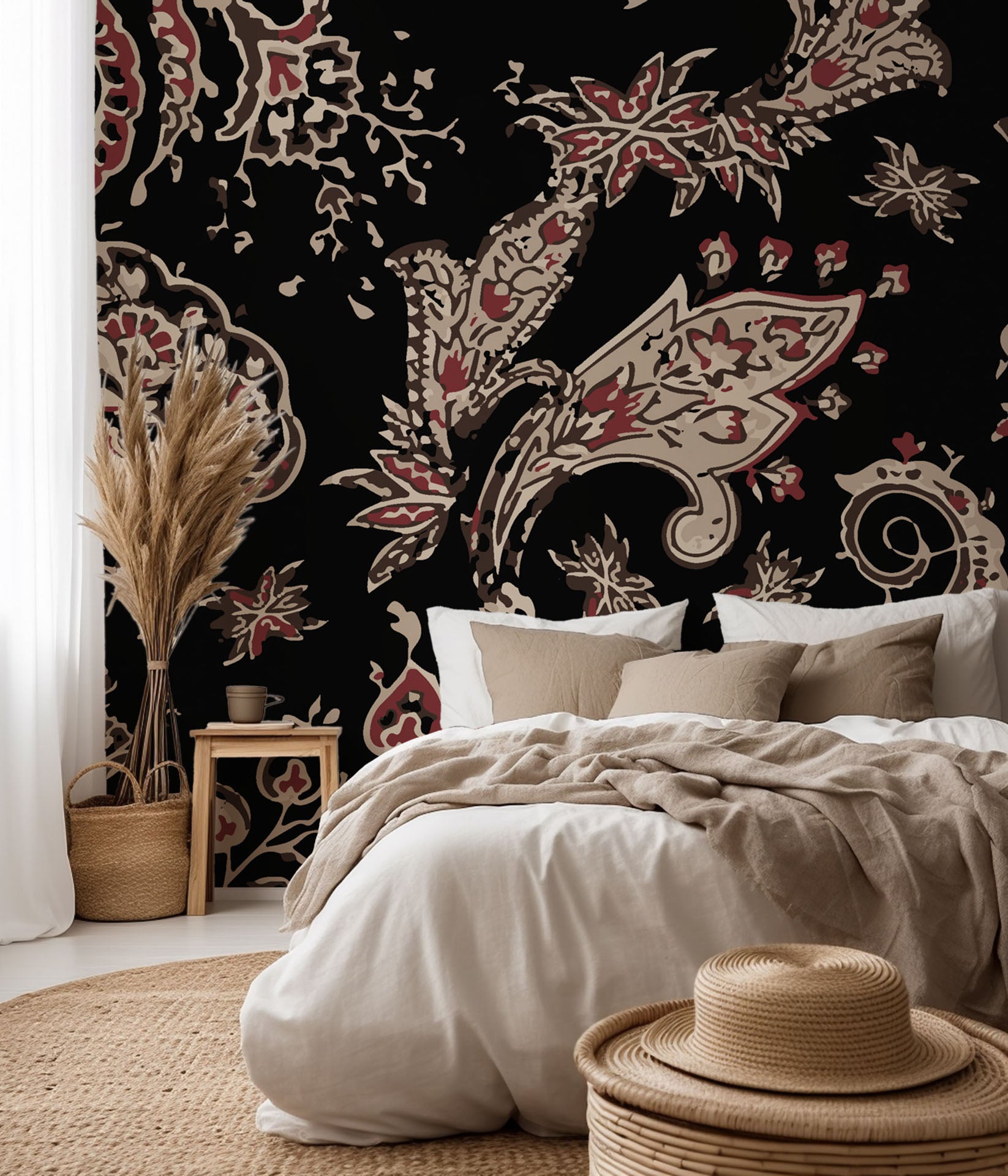 Deeply colored wallcovering featuring red and sepia paisley ornamentation