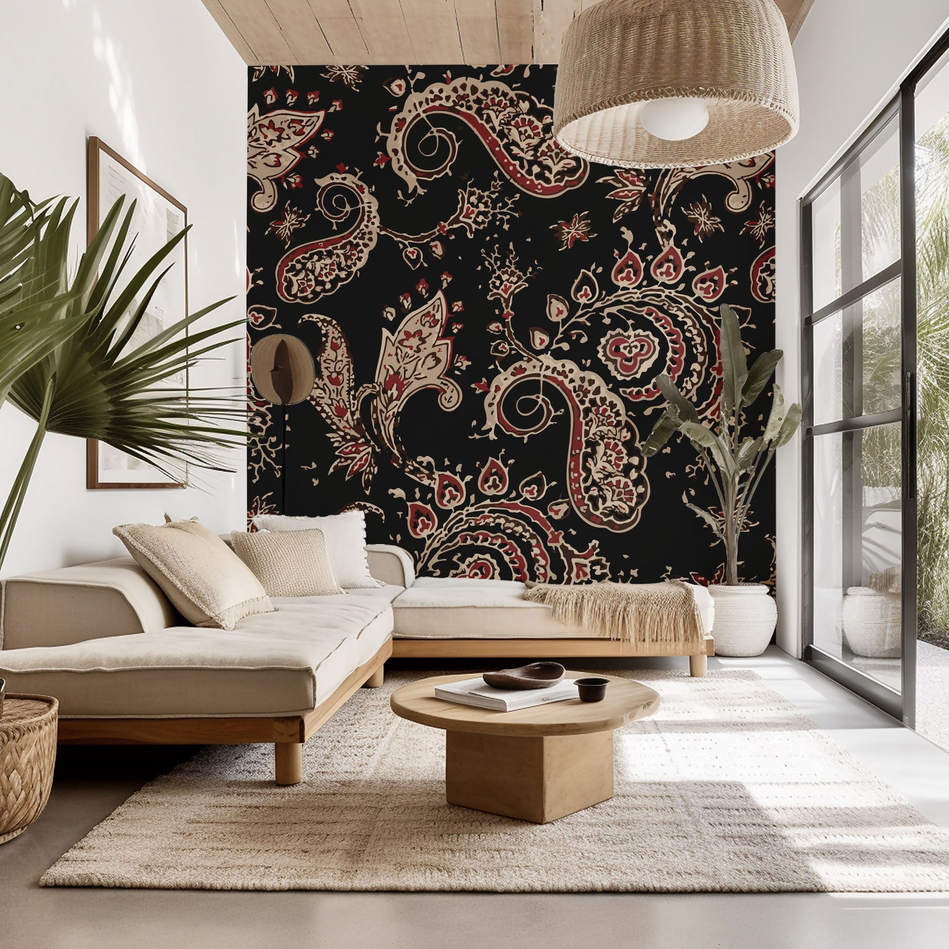 Classic, deep-toned wallpaper showcasing paisley designs rendered in red and brown motifs