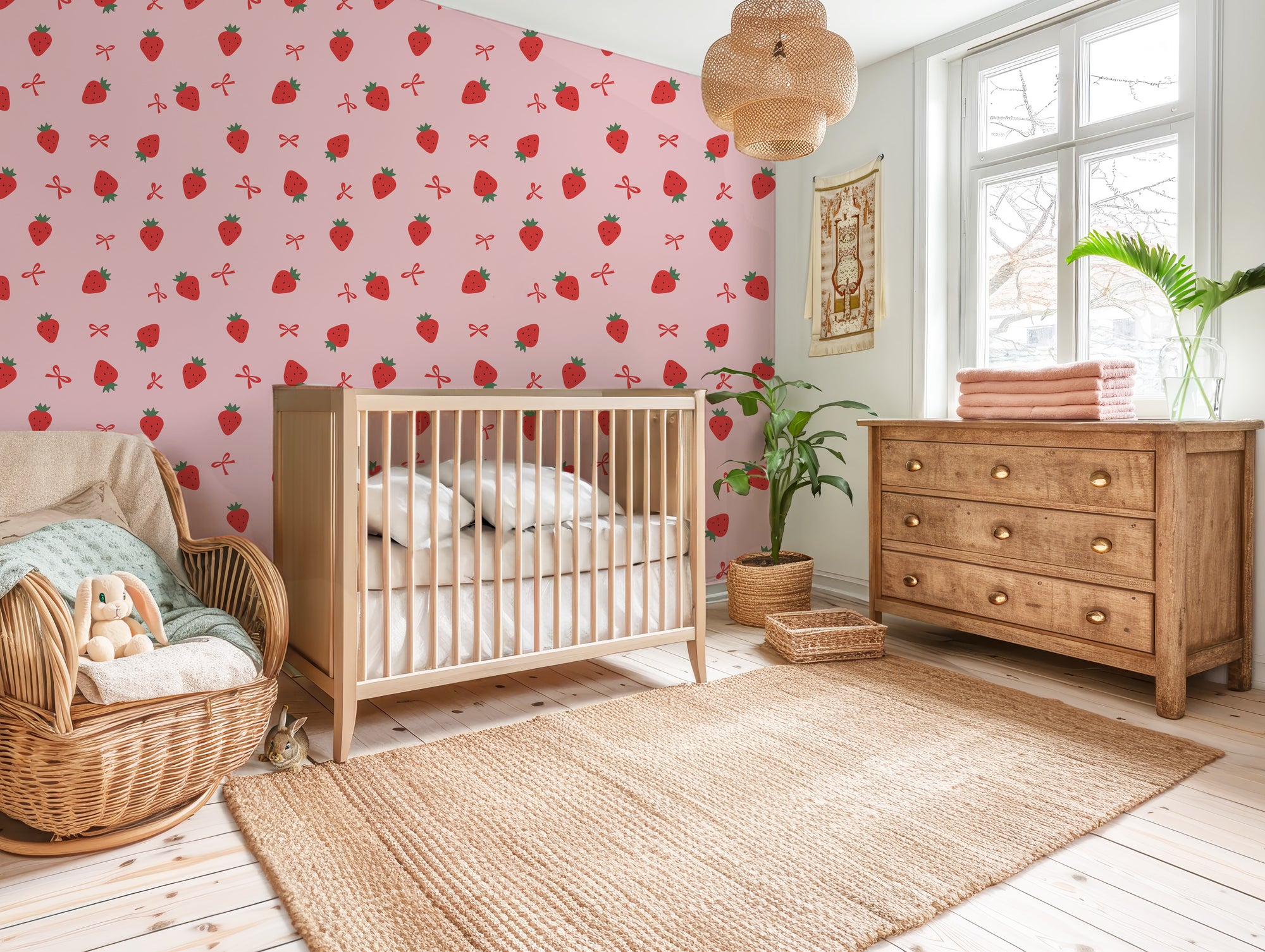 Deep red wall covering with a lighthearted design