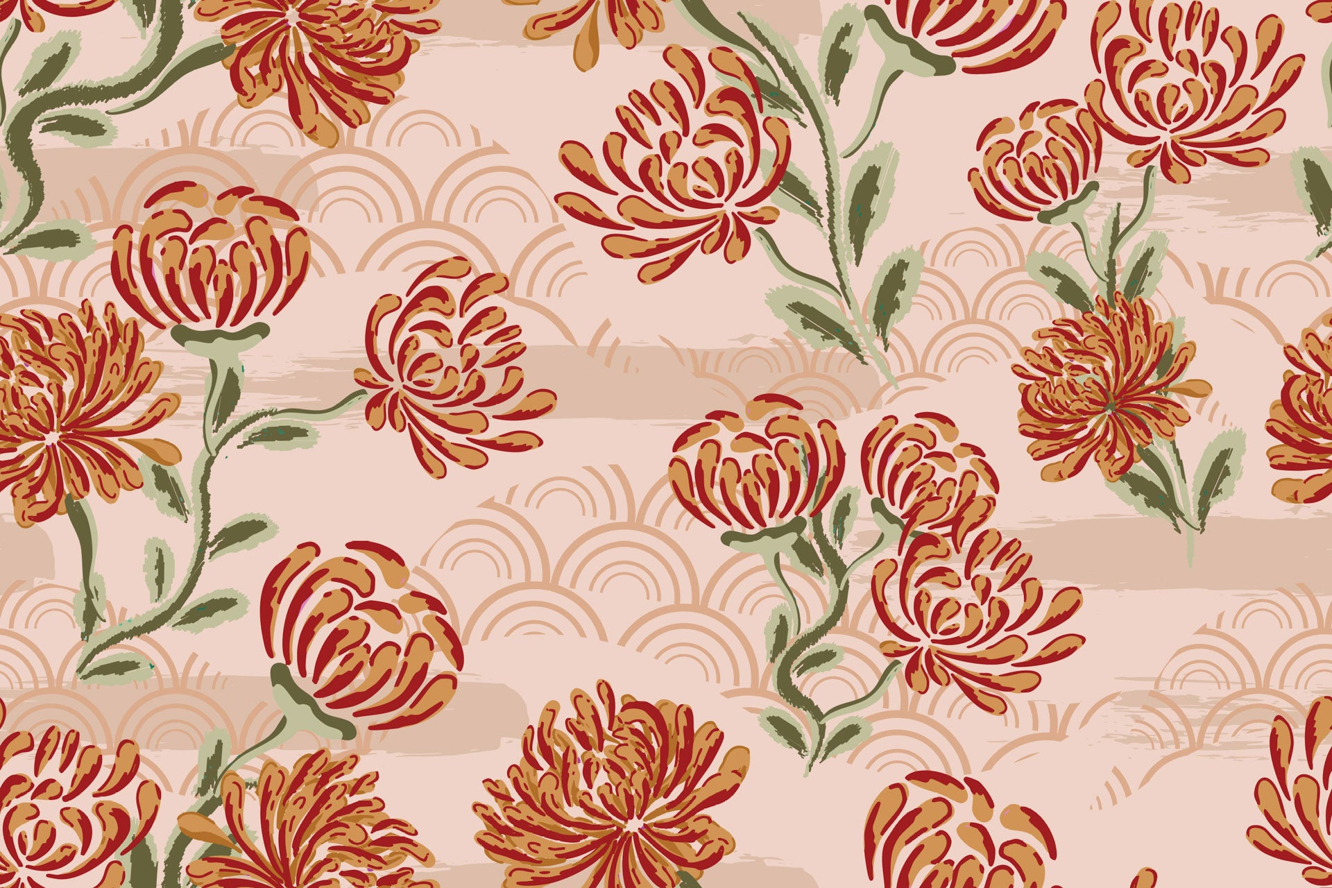 Self-adhesive wallpaper featuring a maroon ditsy floral pattern and scattered rose-colored hearts. Product: Crimson Whispers