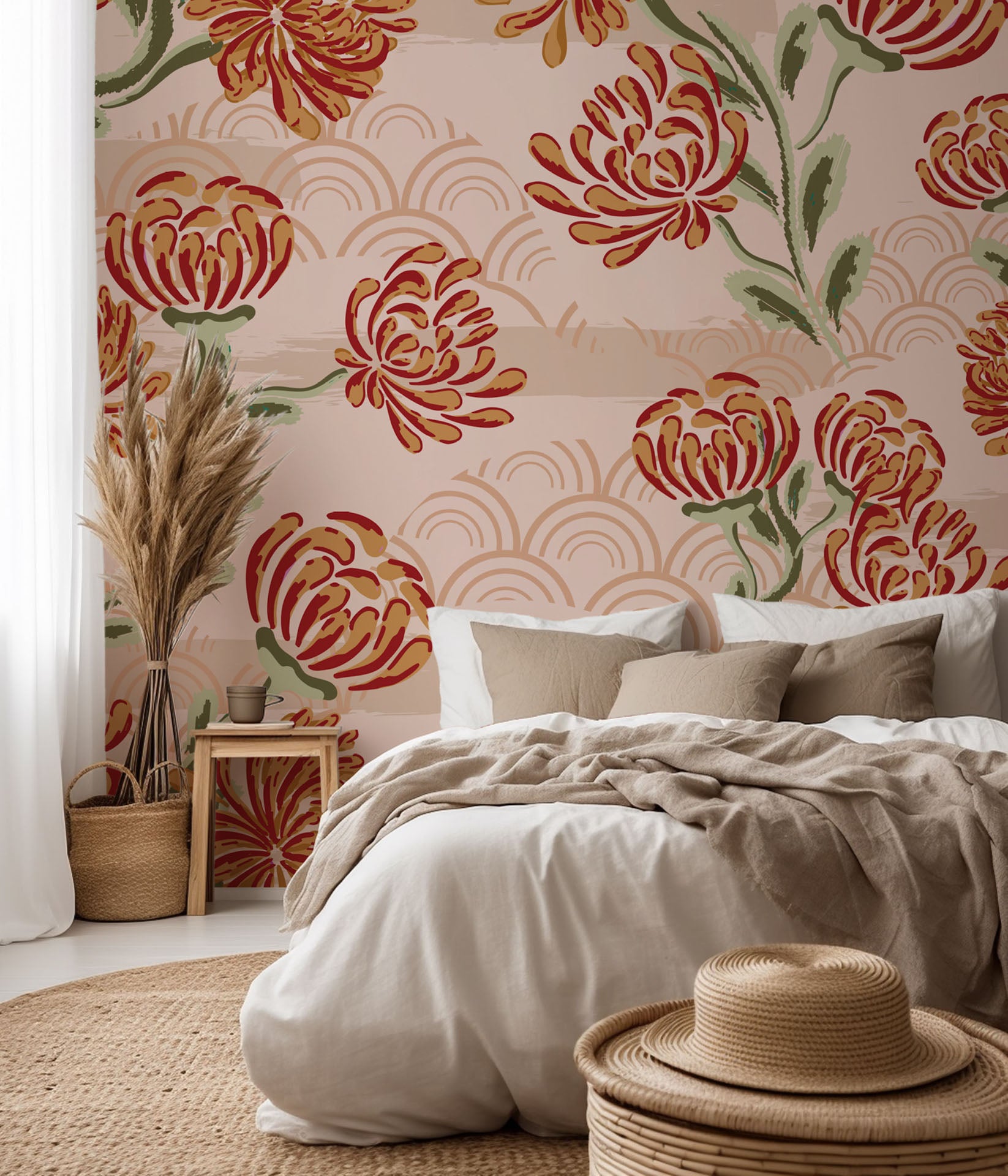 Self-adhesive wallpaper featuring a ditsy floral pattern in burgundy, accented with small pink hearts (Crimson Whispers)