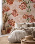 Self-adhesive wallpaper featuring a ditsy floral pattern in burgundy, accented with small pink hearts (Crimson Whispers)