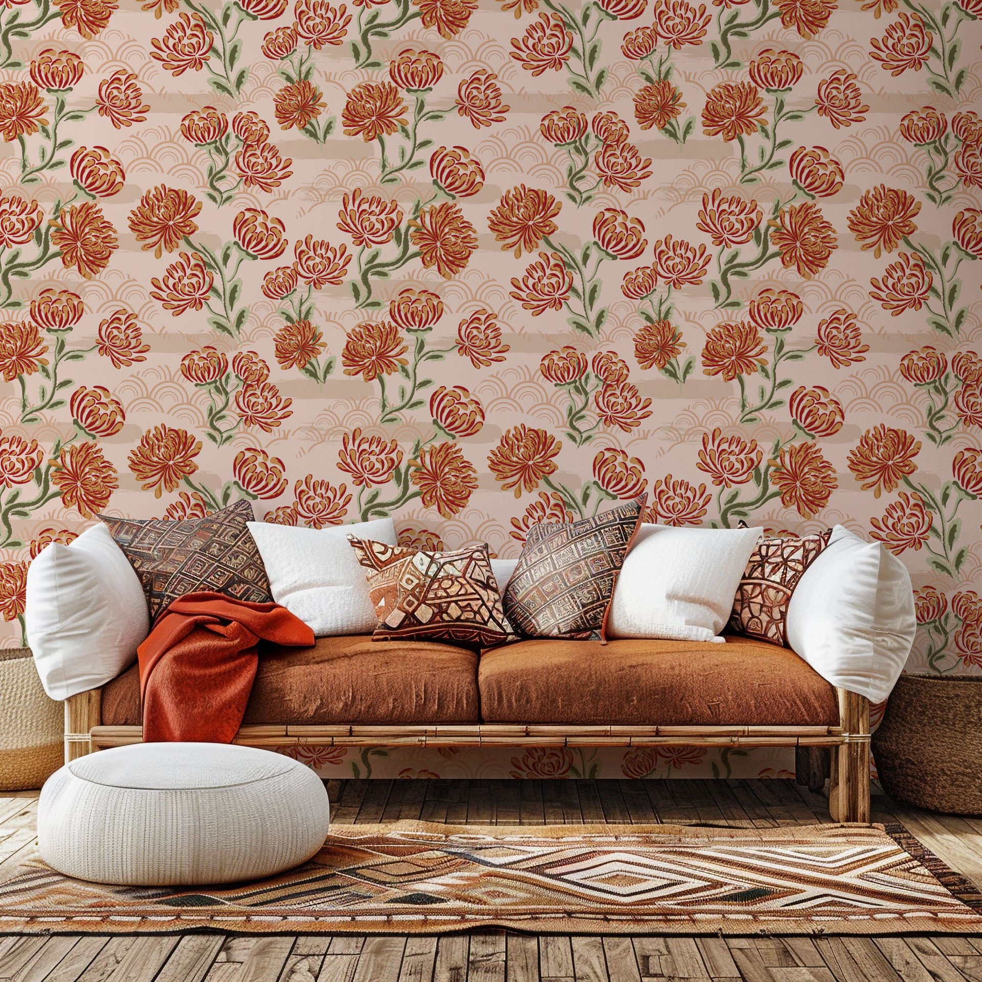 Self-adhesive wallpaper featuring a deep-red, small floral design peppered with rose-colored hearts (Crimson Whispers)