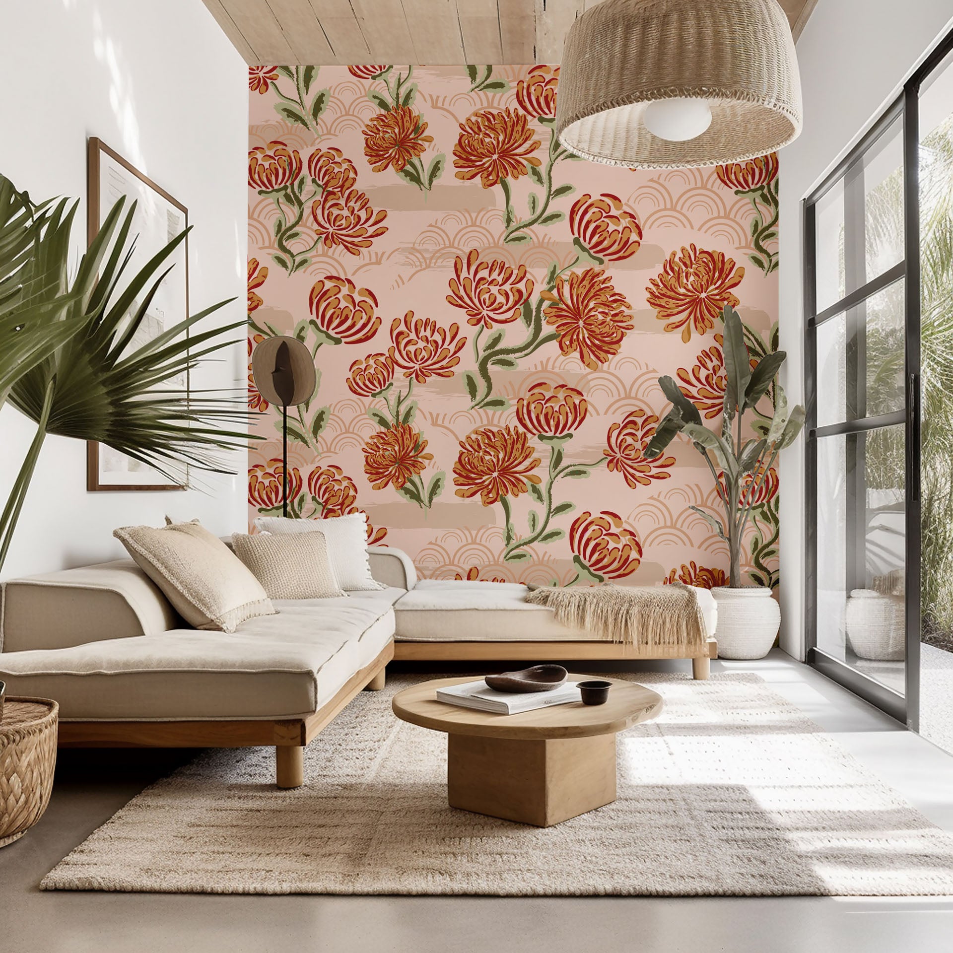 Self-adhesive wallpaper featuring a deep red background, ditsy flowers, and small pink hearts. Product: Crimson Whispers.