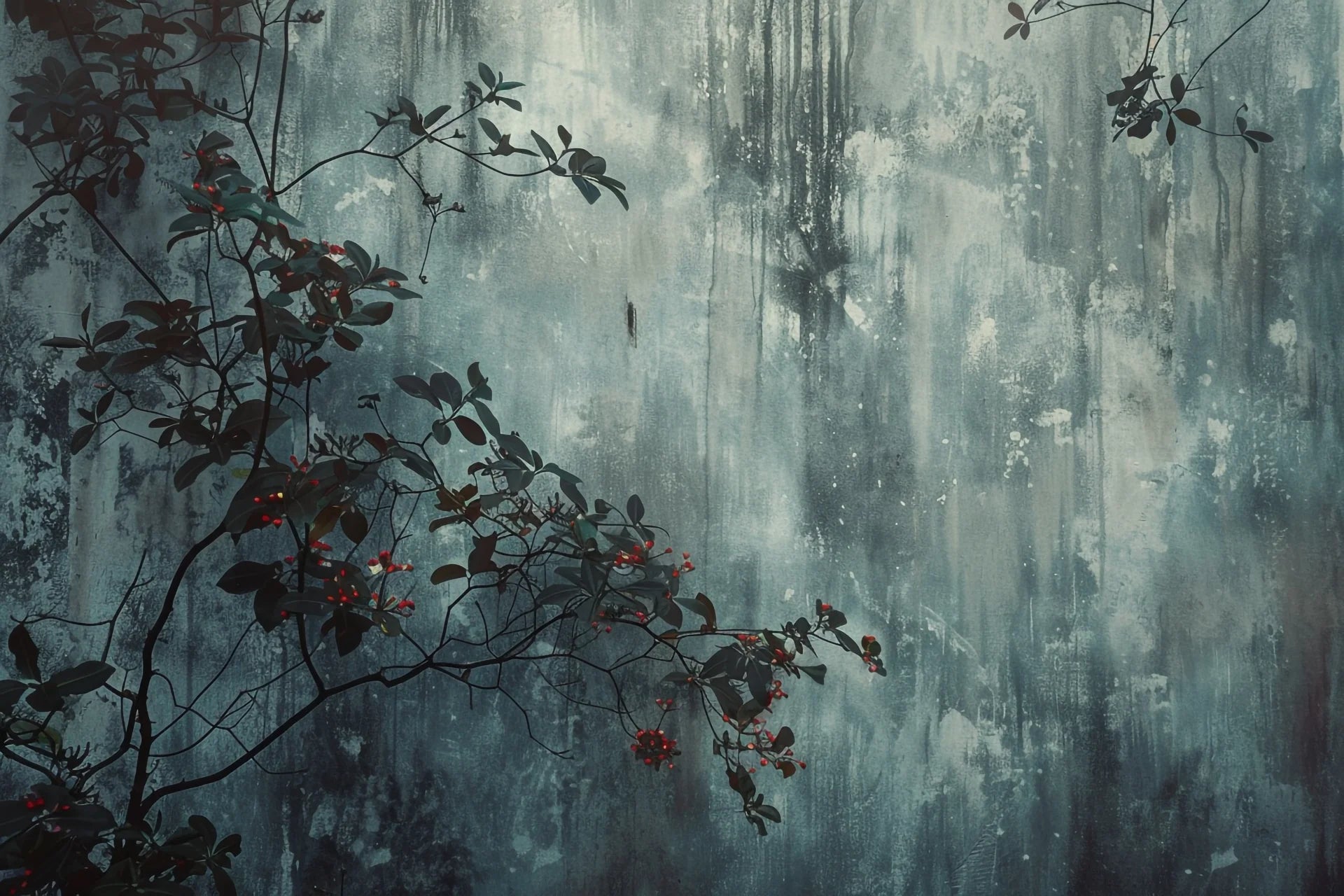 Moody Crimson & Ash wallpaper with dark botanical branches and red berries on distressed teal background