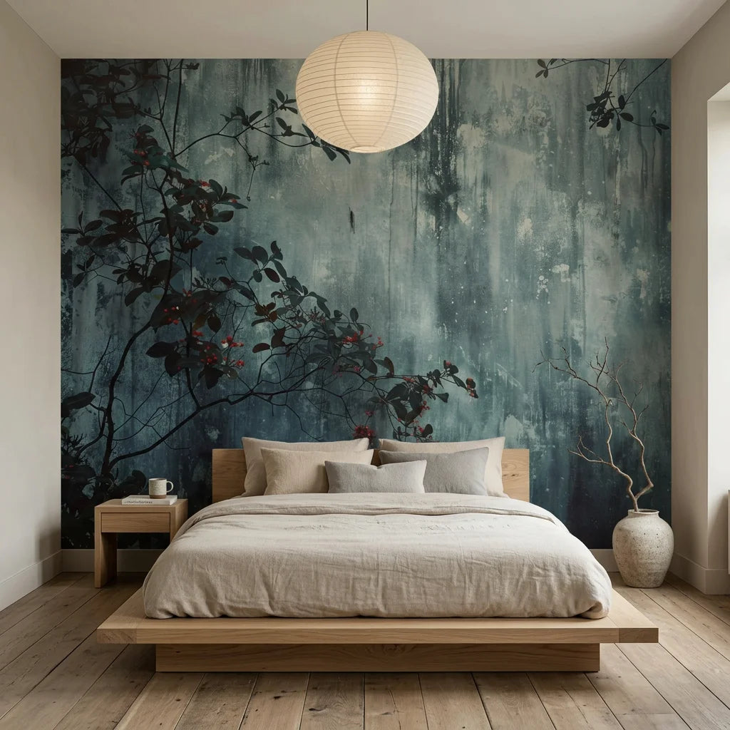 Moody teal and gray Crimson & Ash wallpaper with dark botanical branches in serene bedroom setting