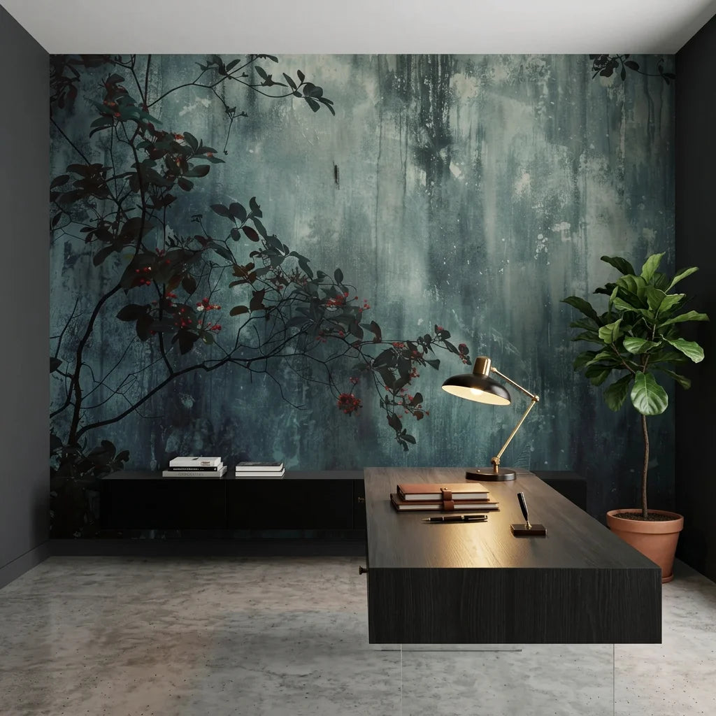 Moody teal and gray Crimson & Ash wallpaper with dark botanical branches in modern home office