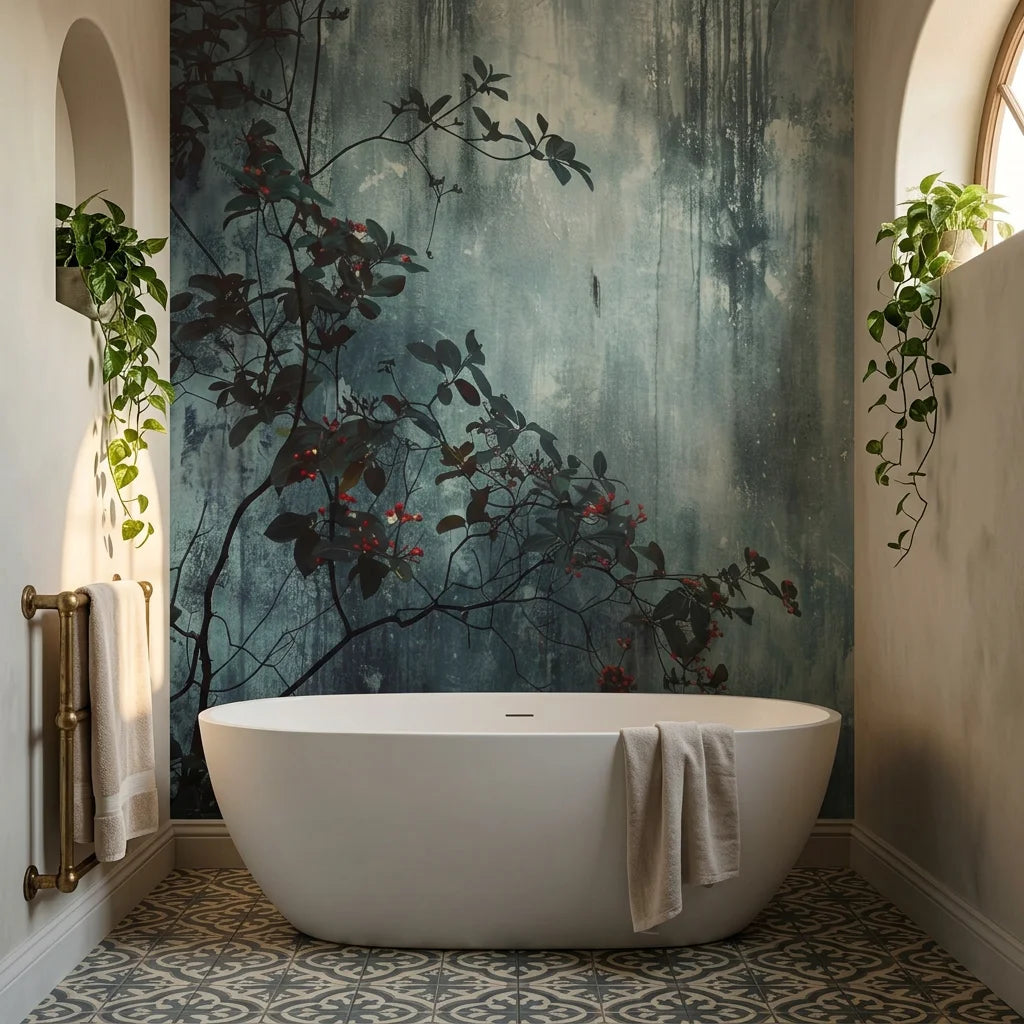 Crimson & Ash botanical wallpaper with dark branches and red berries on weathered teal background in spa bathroom
