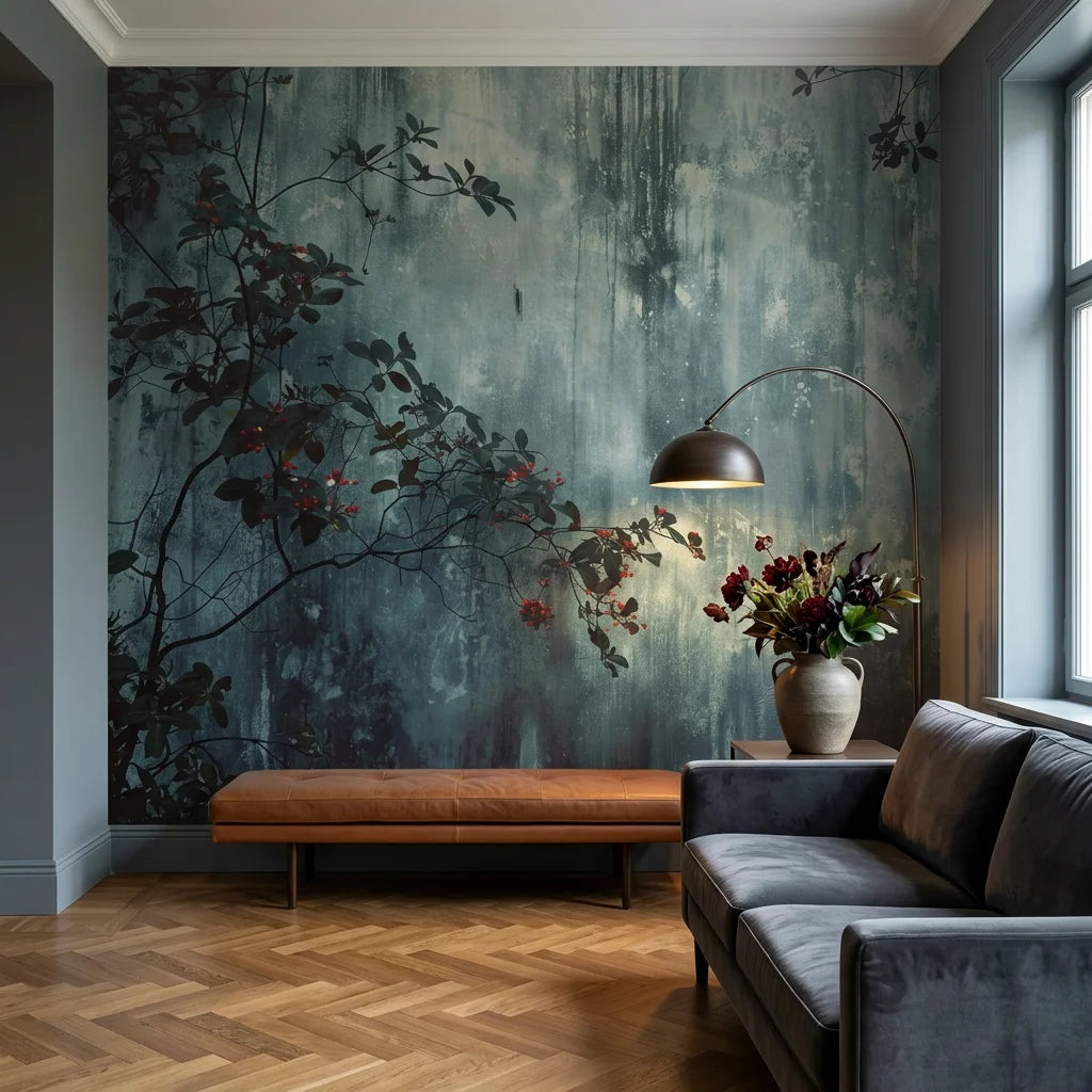 Teal and burgundy Crimson & Ash wallpaper with botanical branches in modern living room setting