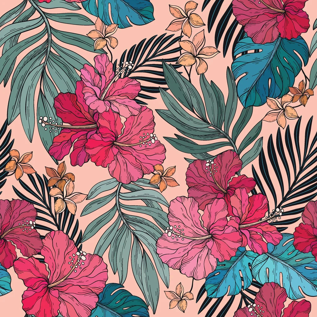 Bright pink hibiscus flowers and teal foliage on a removable wallpaper surface