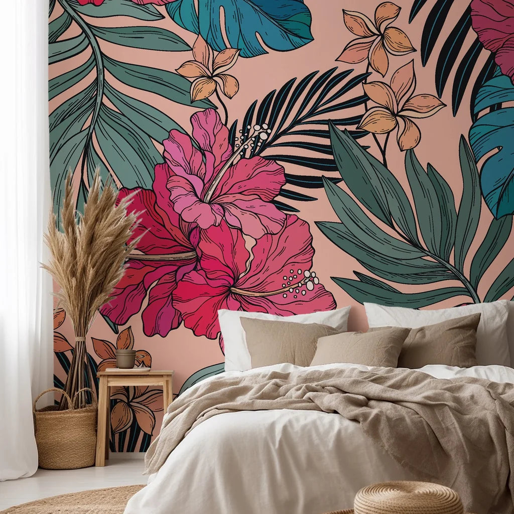 Bold pink hibiscus flowers and teal leaves on a removable wallpaper pattern