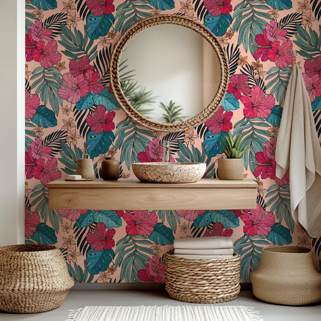 Bright pink hibiscus blossoms paired with teal foliage on removable wallpaper.