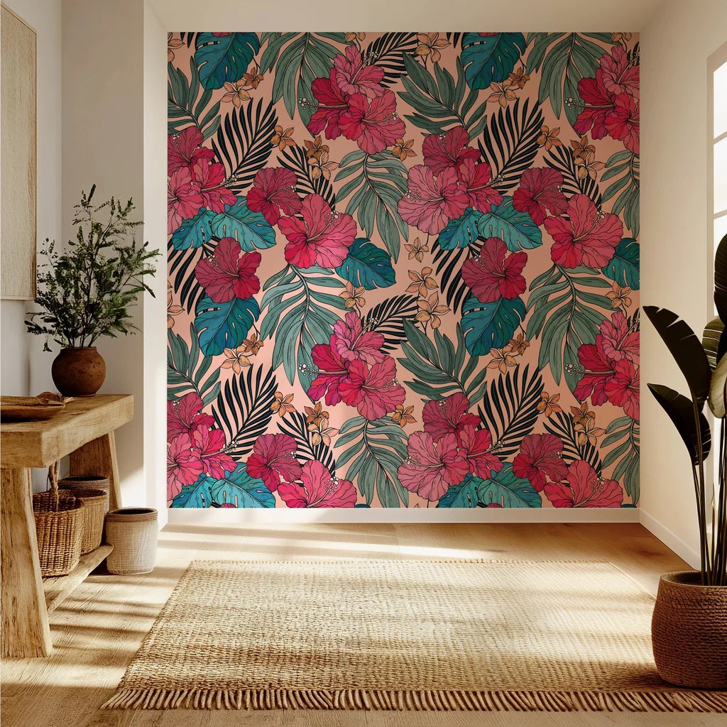 Tropical wall covering featuring bright pink hibiscus flowers and teal foliage