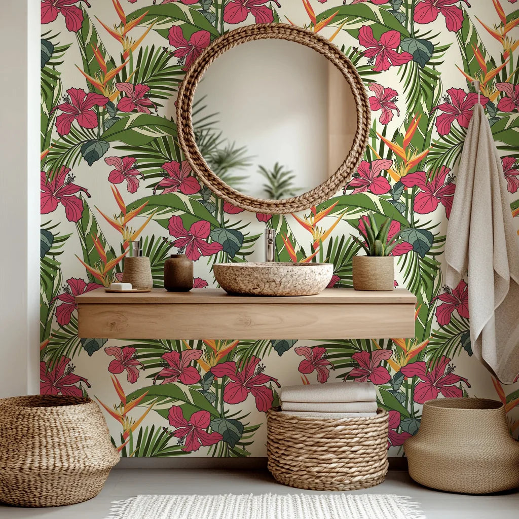 Tropical wall mural featuring crimson hibiscus blooms and bird of paradise foliage