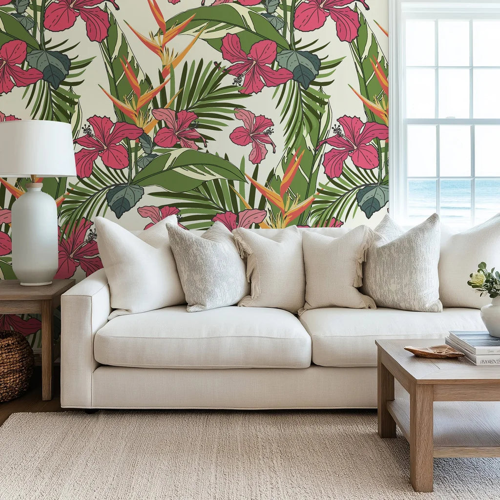 Red tropical hibiscus and bird of paradise on self-adhesive wallpaper