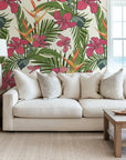 Red tropical hibiscus and bird of paradise on self-adhesive wallpaper